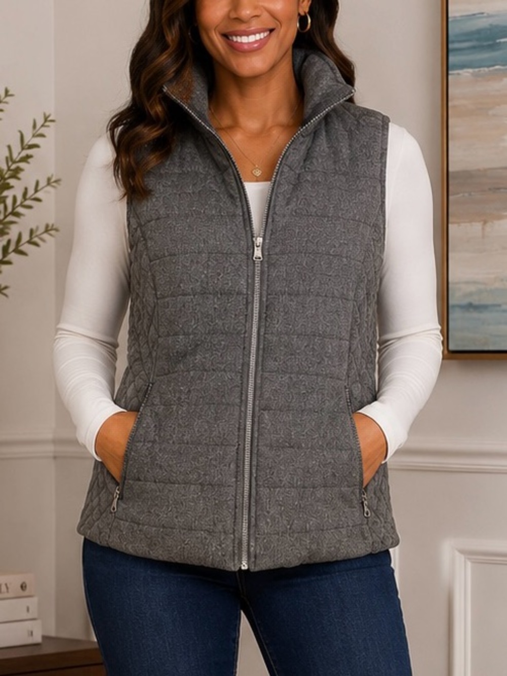 Lemon Tart Gray Quilted Herringbone Puffer Vest XL Zip Front Wool Blend